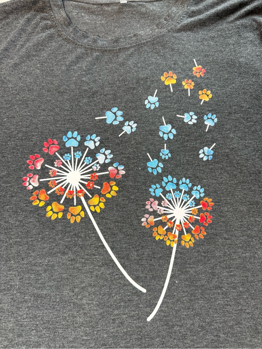 Women’s Dark Gray Floral Dandelion Paw print Graphic Tee - Picture 2 of 6